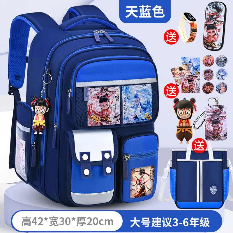 New nezha backpack for elementary school students, grades 1-6, lightweight, spine-protecting, load-reducing, large capacity for boys and girls