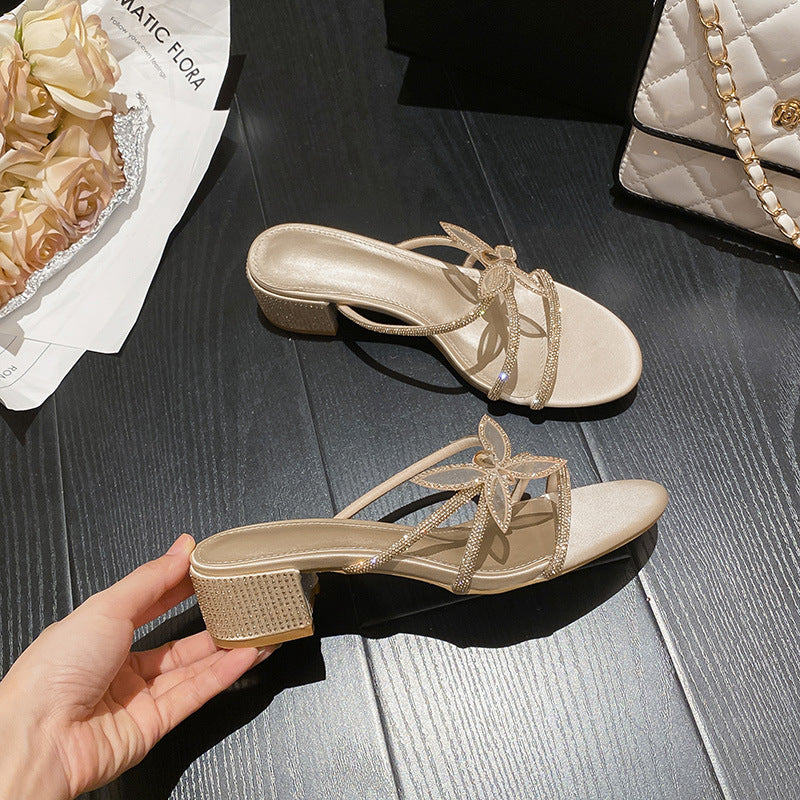 2026 summer new round toe stiletto heel sandals women's fairy style rhinestone thong sandals bow sweet chunky heel slides