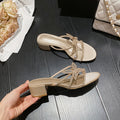 2026 summer new round toe stiletto heel sandals women's fairy style rhinestone thong sandals bow sweet chunky heel slides