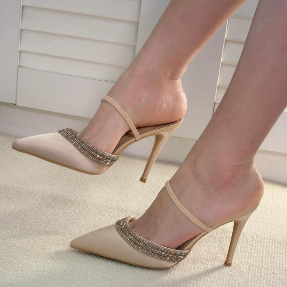 2026 spring rhinestone-embellished silk satin pointed-toe stiletto heel mules - women's closed-toe low-cut half-slipper, european & american style