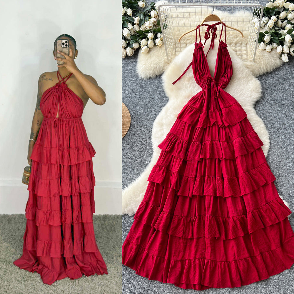 Luxury european and american style halter neck slip dress - women's summer deep v tie-waist exquisite high-end tiered maxi dress