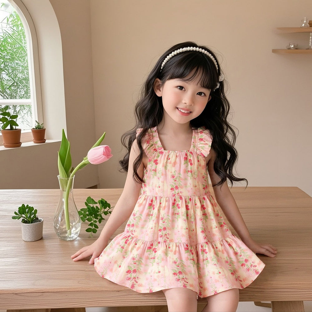 Kids suspender lacedress cake skirt summer thin cotton silk skirt little girl flying sleeve style floral skirt