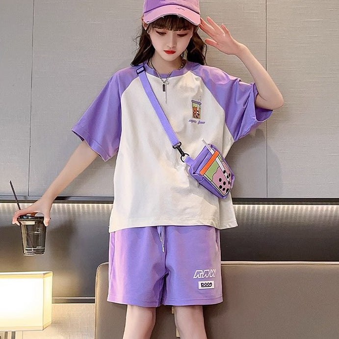 Girls' summer outfit set : new stylish and trendy summer clothes for kids, big girls' sporty summer short sleeve and shorts set