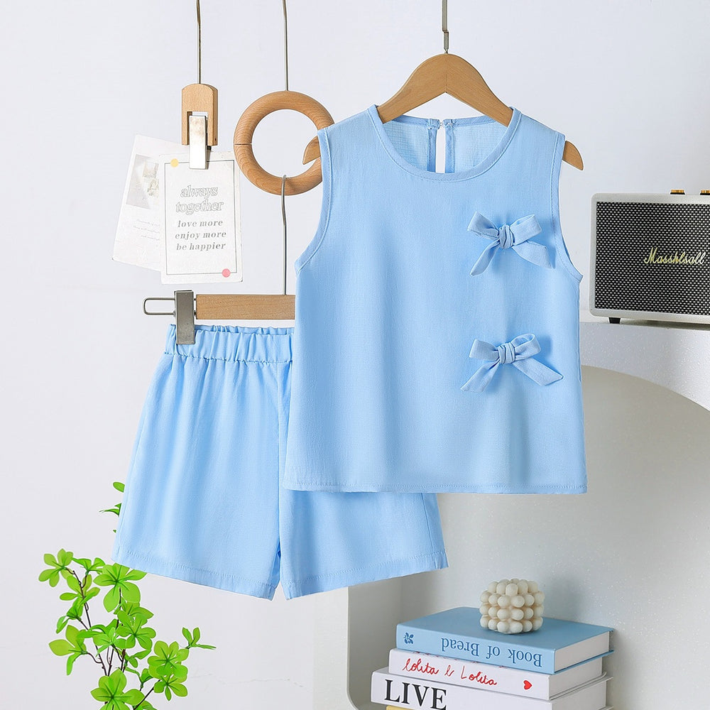 summer girls' sleeveless tank top and shorts set - light blue bow detail two-piece outfit for kids