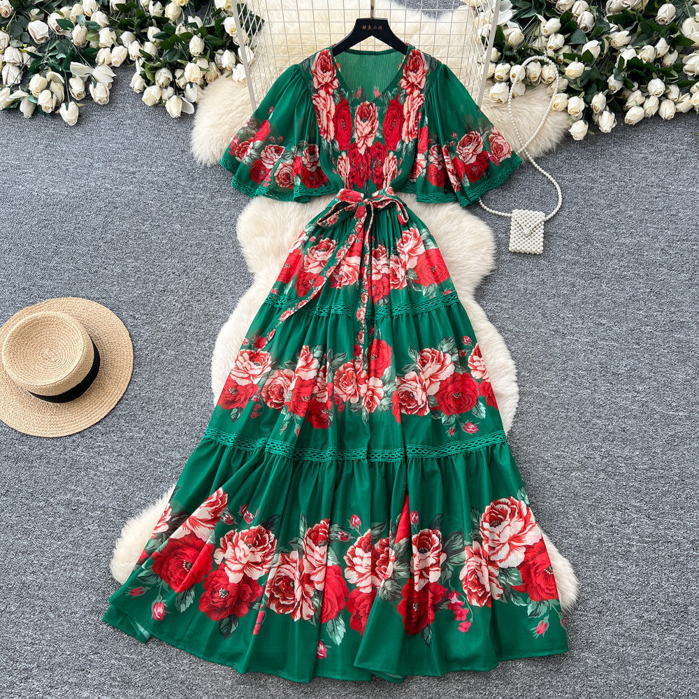 French riviera style printed short-sleeve pleated dress - women's summer v-neck, cinched waist, tie-up maxi dress - high-end, slimming fit
