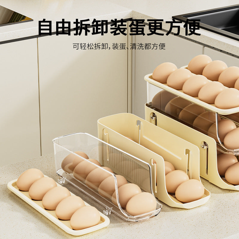 Egg storage box Large capacity slide type egg roller Fresh-keeping refrigerator Side door Three-layer folding rolling egg rack holder