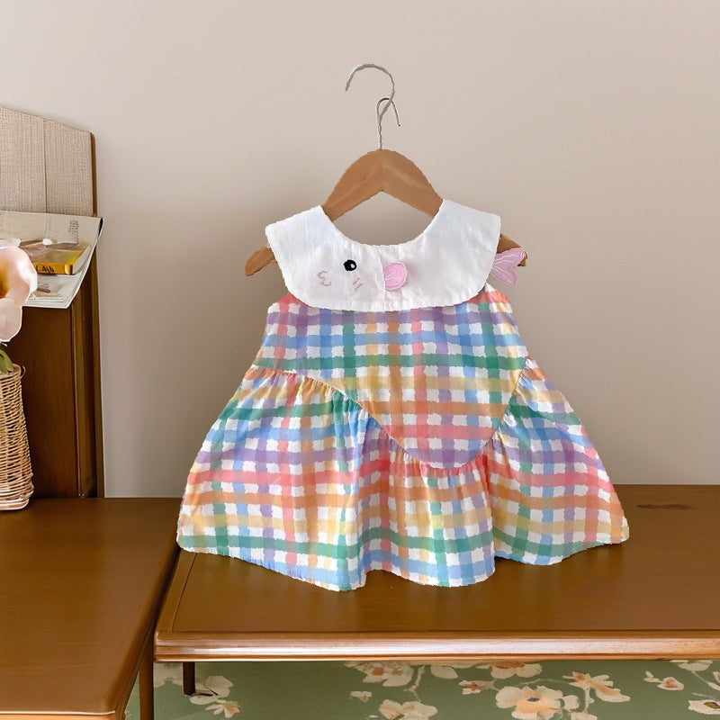 Girls' plaid dress - sleeveless round neck summer korean style - baby girl cartoon lapel tank dress - children's dress