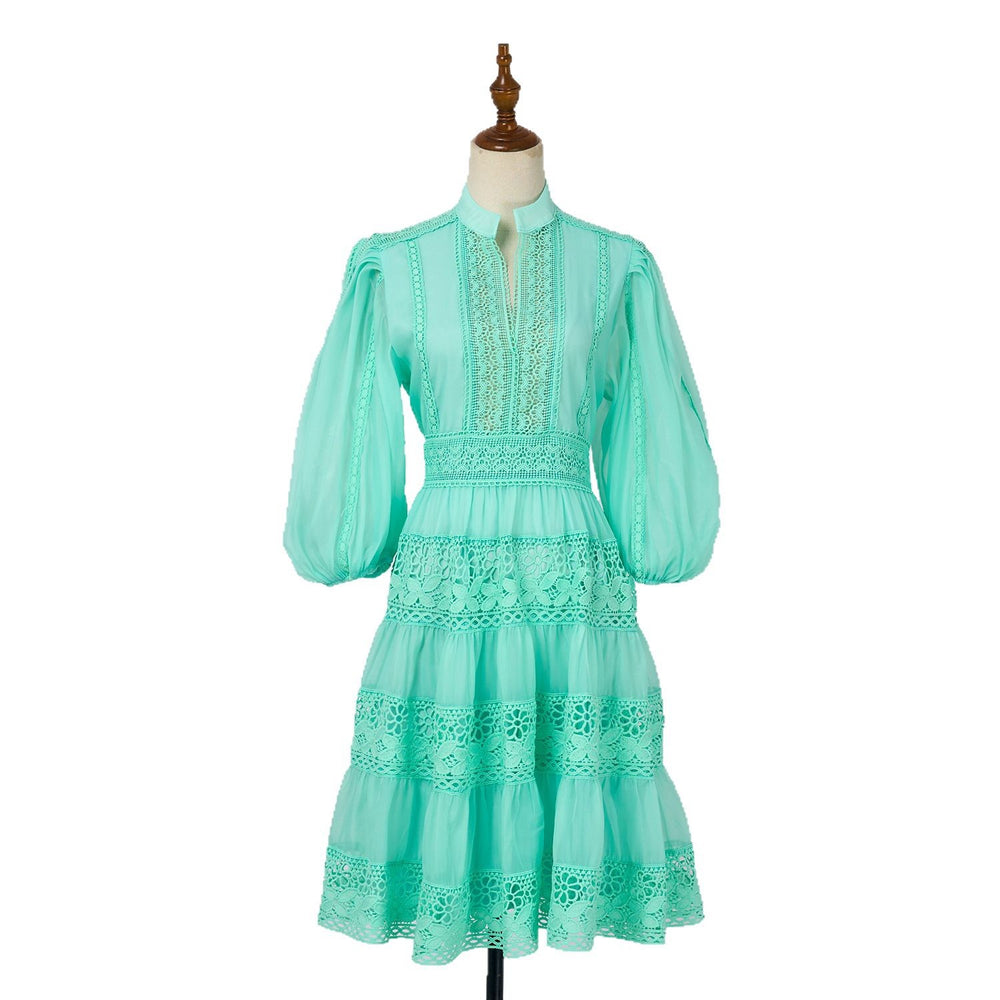 export solid color organza dress with semi-open collar, lantern sleeves, mid-sleeve, lace patchwork, and cinched waist mini dress