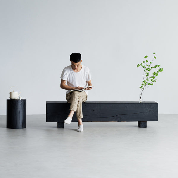 Wabi Stillwind carbonized black solid wood bench personalized creative clothing store exhibition hall leisure homestay log shoe changing stool