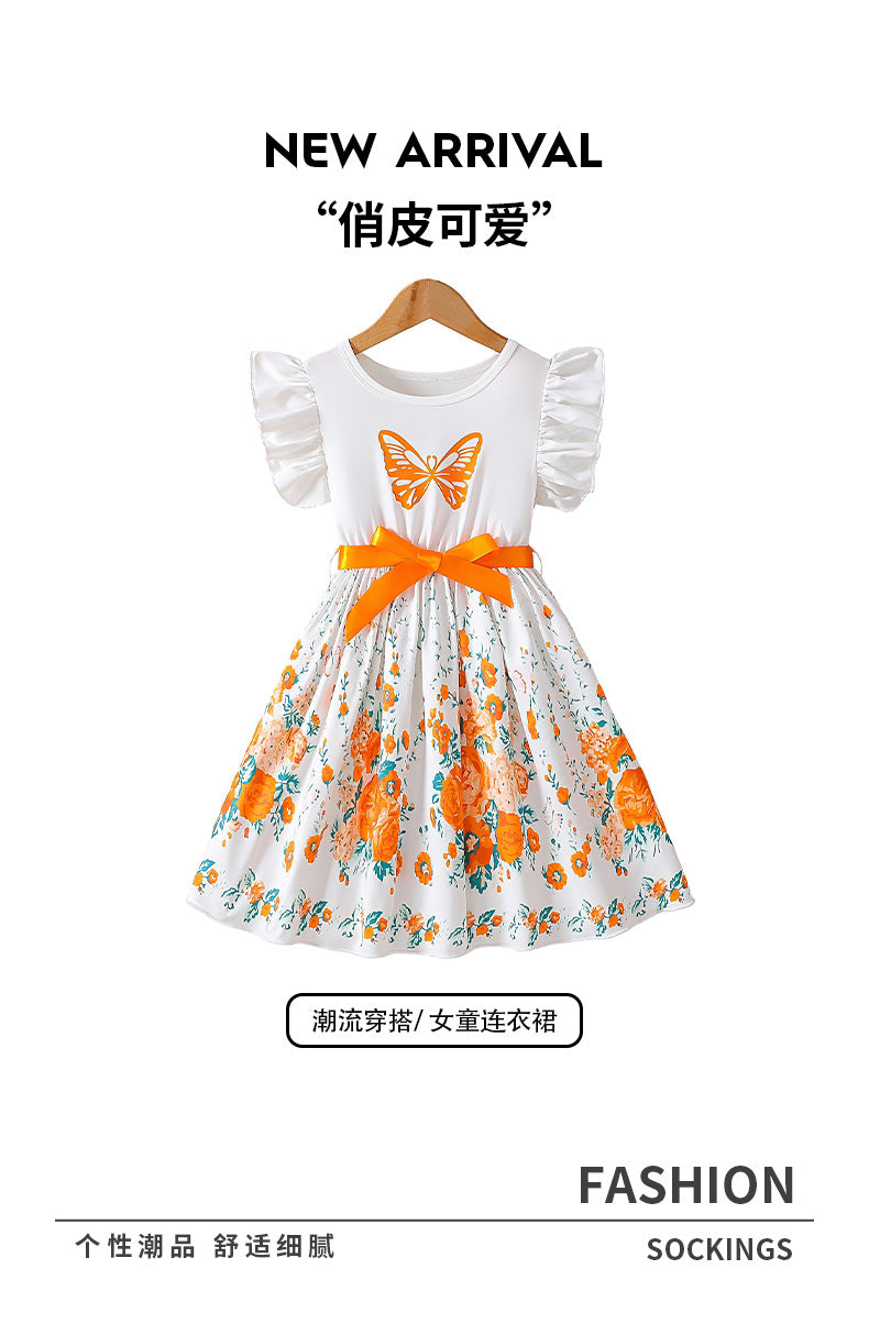 Exportsummergirldress flying sleeves ruffles orange butterfly printing waist large skirt kids a-line skirt