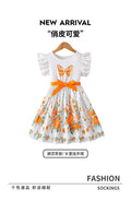 Exportsummergirldress flying sleeves ruffles orange butterfly printing waist large skirt kids a-line skirt