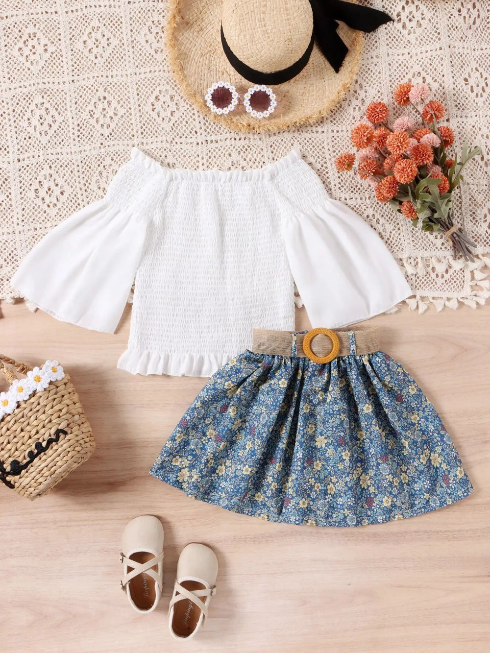 Clear! fashion style girl's pullover shirt with trumpet sleeves + floral print pleated skirt suit green warehouse style