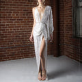 2025 new european and american style sequin patchwork halter backless dress with slit, slim fit, mature chic v-neck sexy dress