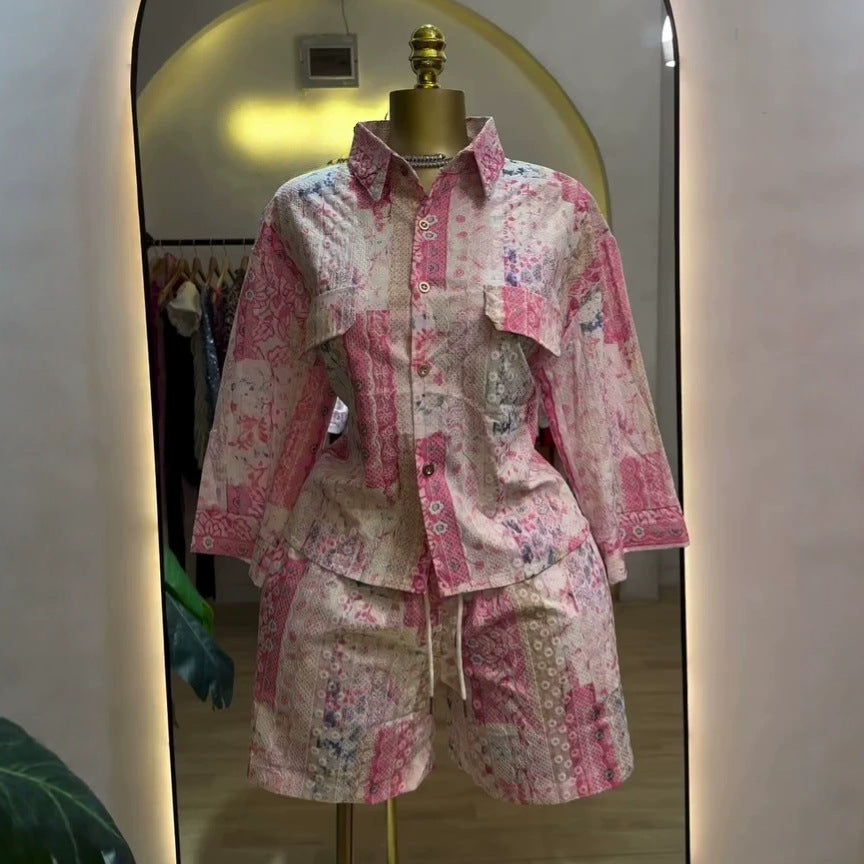 European and american cross-border women's fashion:  summer new arrivals - stylish casual printed loose-fit shirt top and wide-leg shorts set