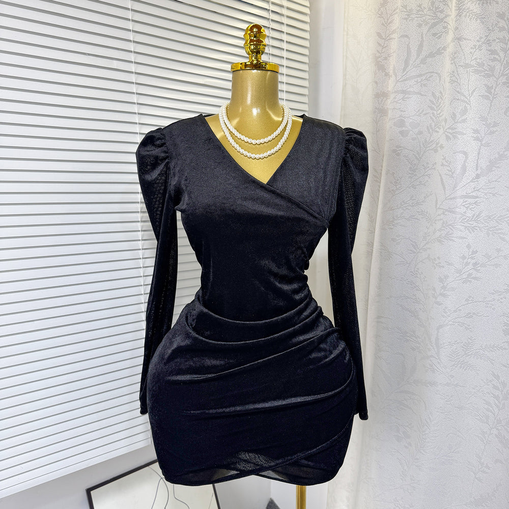 Exportelegantv neck velvet long sleevesdress women's spring & fallelegant cross waist elastic slimming look hip-covering short skirt