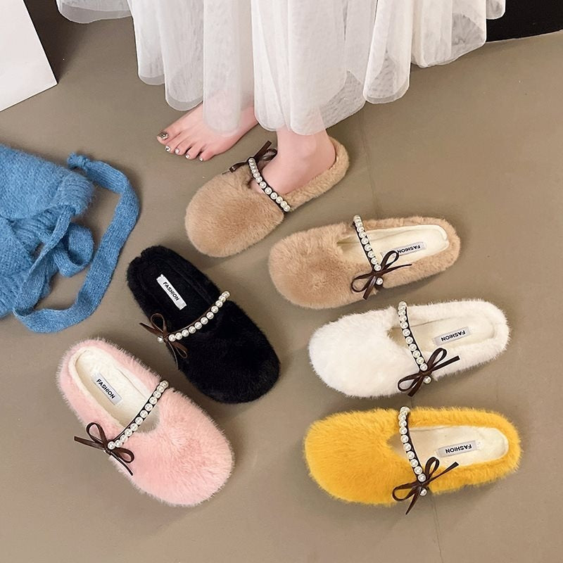 Plus size fairy style pearl half-sole flat slippers -  autumn korean style warm lazy bowknot fuzzy slippers