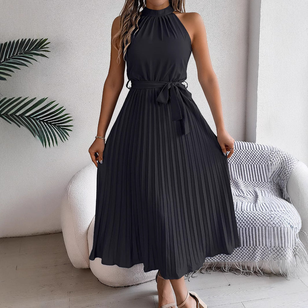 Real shot 2025 European and American spring and summer elegant stand-up collar sleeveless waist pleated dress,   women's clothing