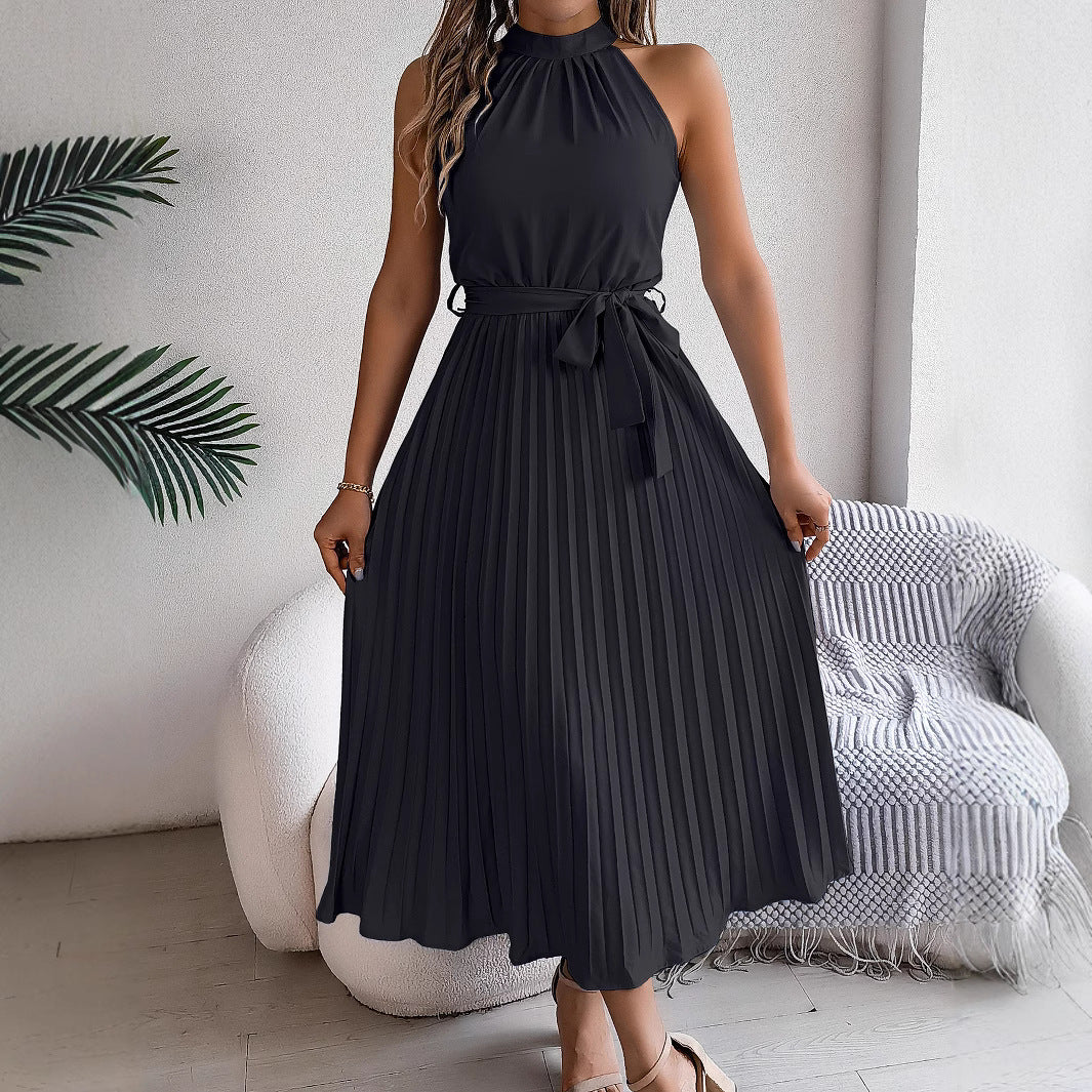 Real shot 2025 European and American spring and summer elegant stand-up collar sleeveless waist pleated dress,   women's clothing