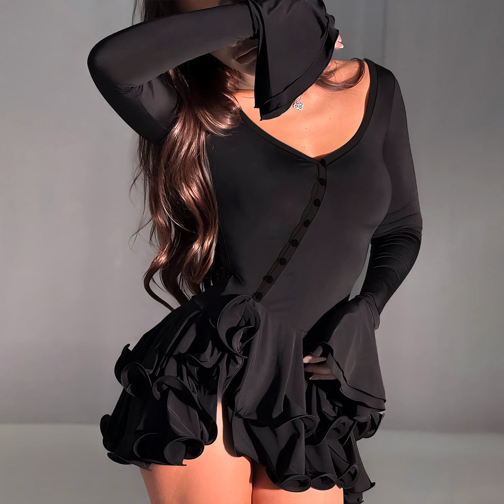 European and american women's clothing  summer new collection: flared sleeve, cinched waist, low-cut, sexy, spicy girl button-down dress - wholesale for export