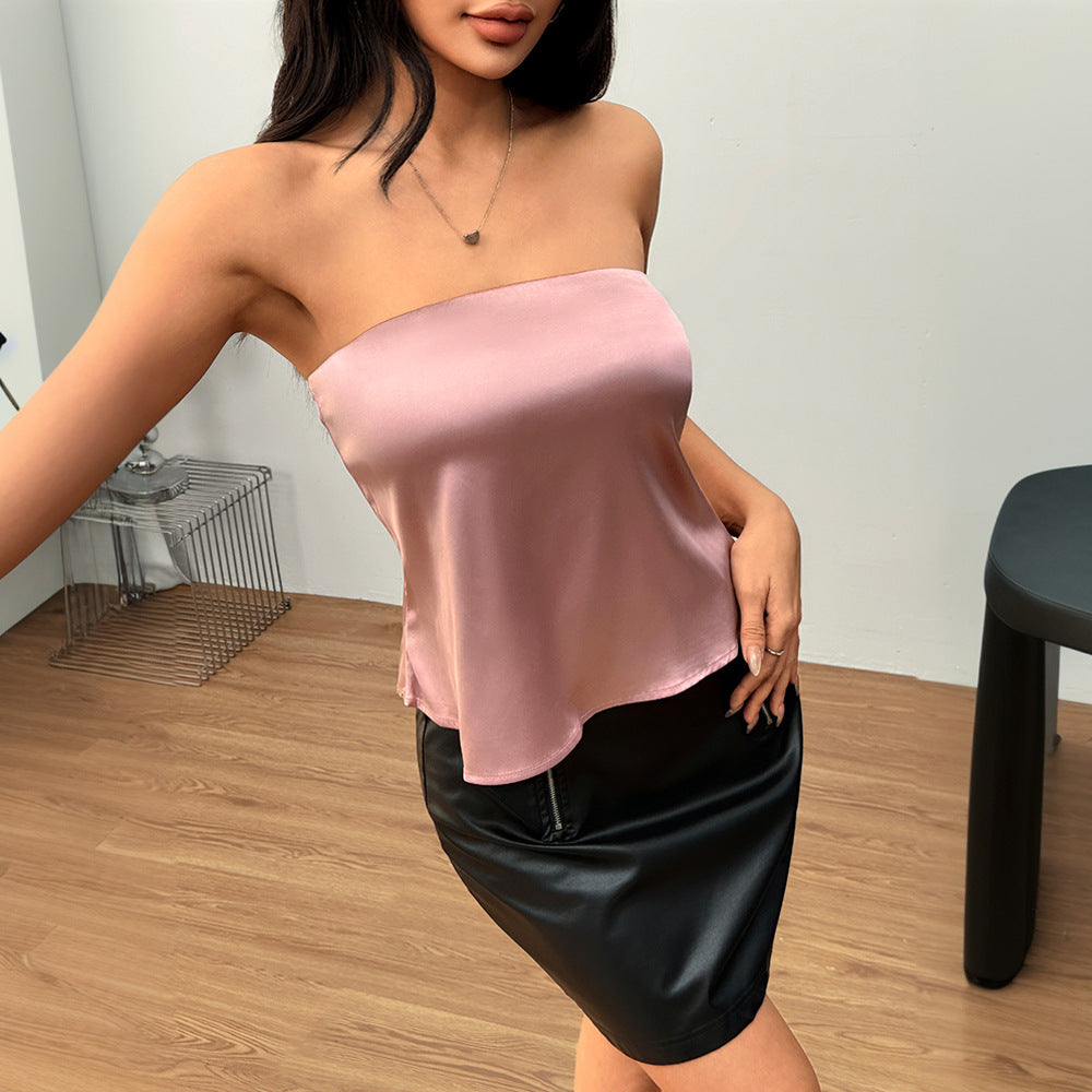 spring/summer new arrivals: european and american style sexy & chic satin bandeau top - sleeveless, solid color, elegant short top
