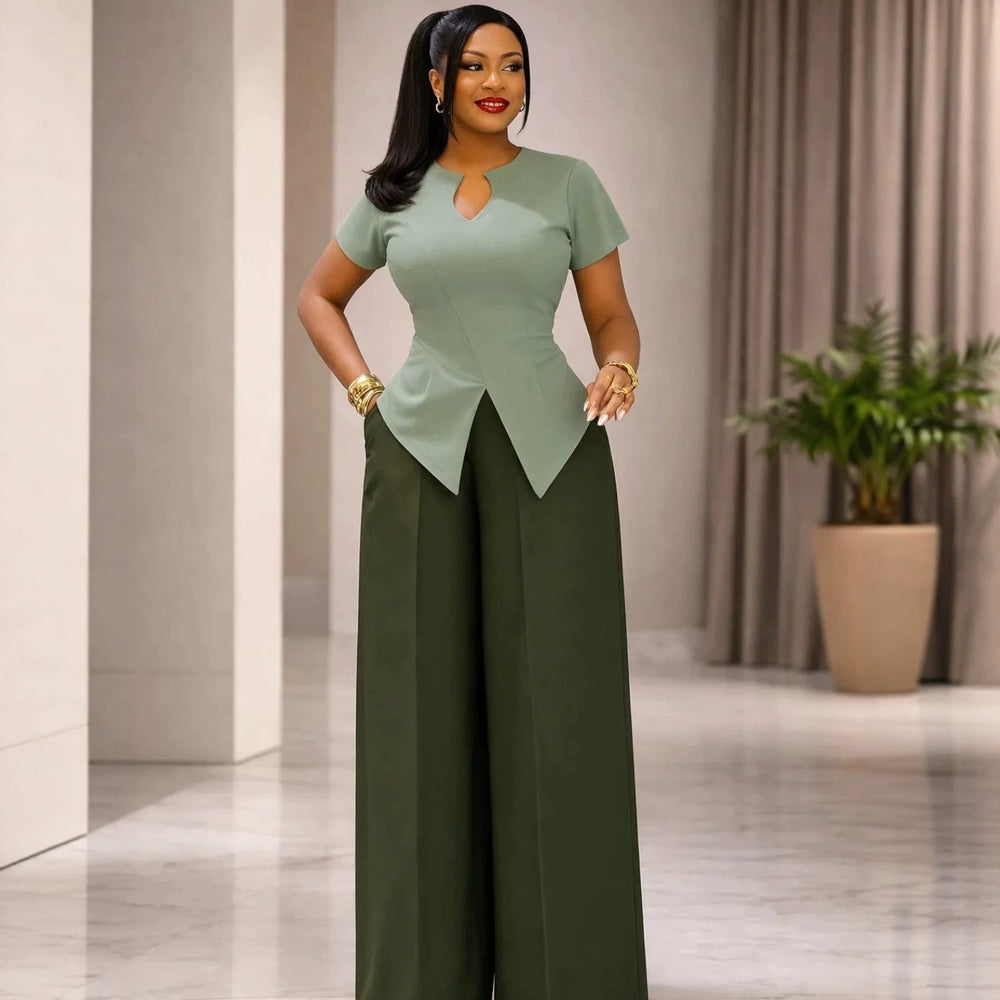 European and american cross-border women's fashion  summer new arrival: elegant commute slim-fit short sleeve top and wide-leg trousers casual set