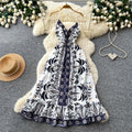 Vacation style v neckprinting suspender pure desire dress women's summer waist slimming lookruffles sleeveless elegant long skirt