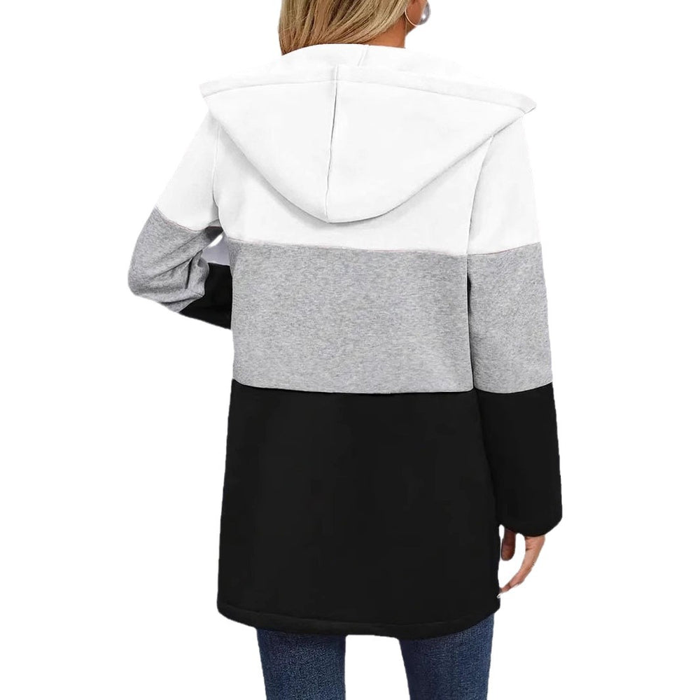 European and american autumn/winter  cross-border women's casual fashion loose color block three-color patchwork hoodie jacket