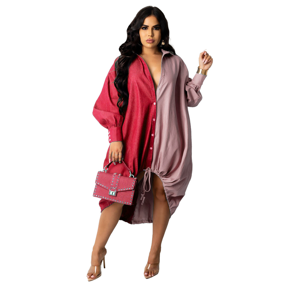 fall/winter hot seller: women's fashion oversized denim shirt dress with asymmetrical color blocking