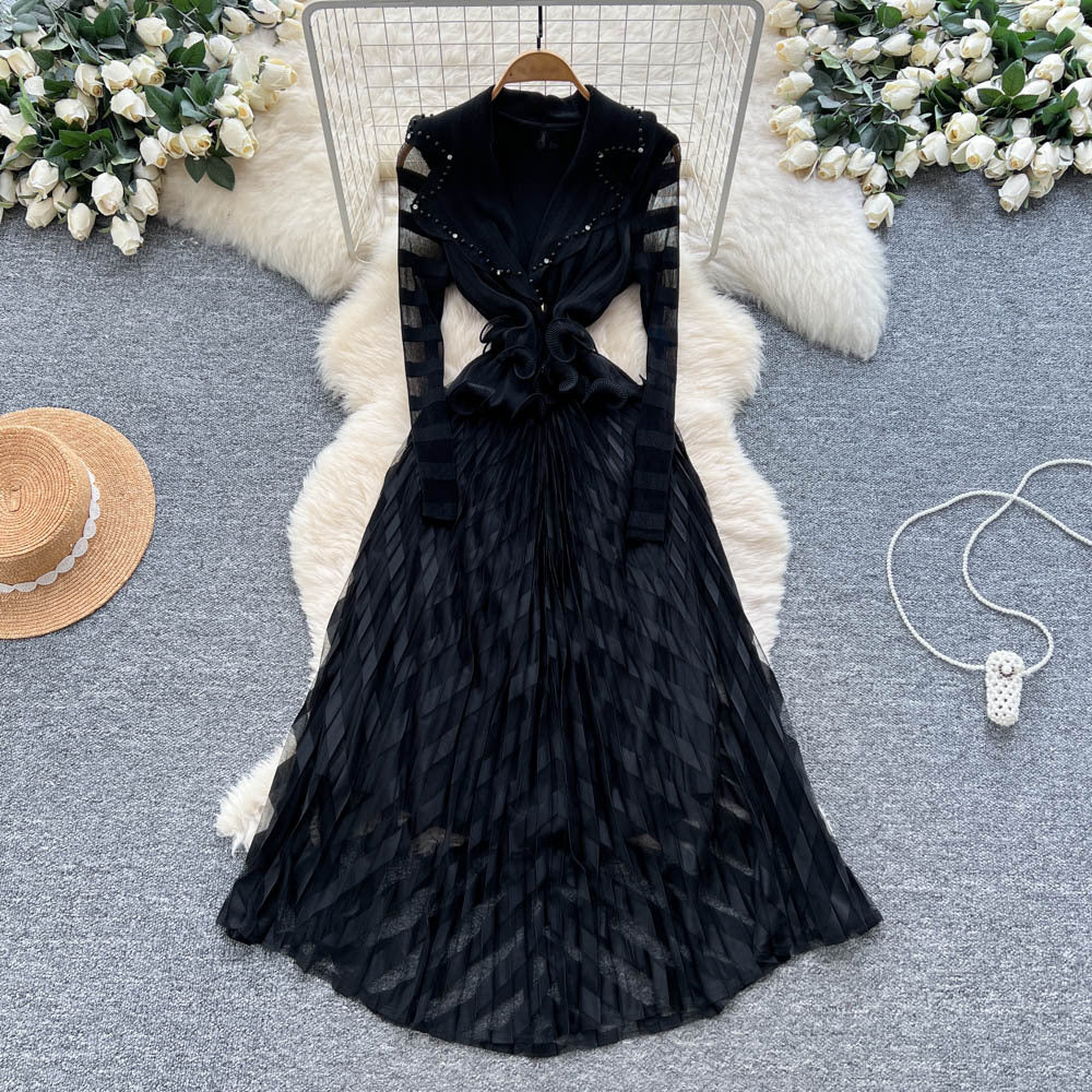 European and american fashion high-end elegant heavy beaded suit collar long sleeve cinched waist ruffle trim mesh panel dress for women