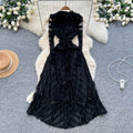 European and american fashion high-end elegant heavy beaded suit collar long sleeve cinched waist ruffle trim mesh panel dress for women