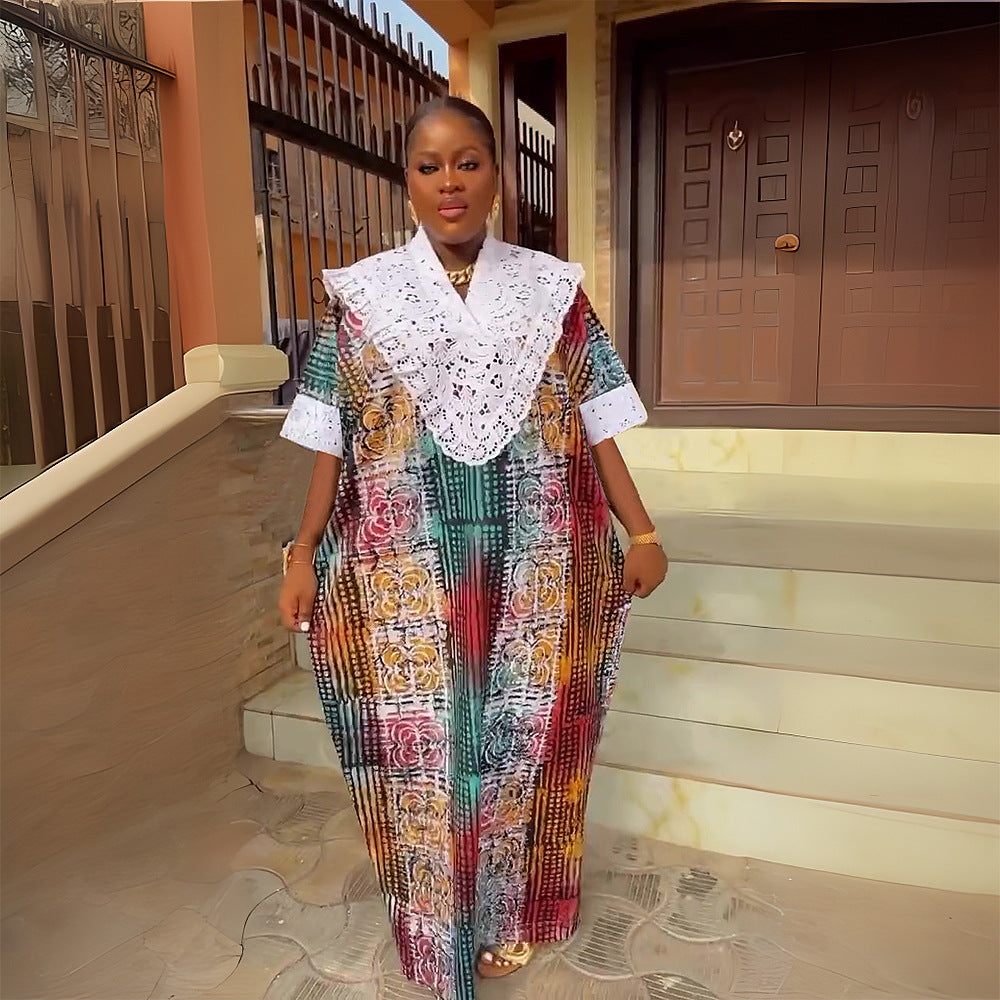 Women's crystal satin printed patchwork lace trim robe african plus size dress -