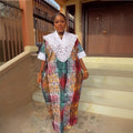 Women's crystal satin printed patchwork lace trim robe african plus size dress -