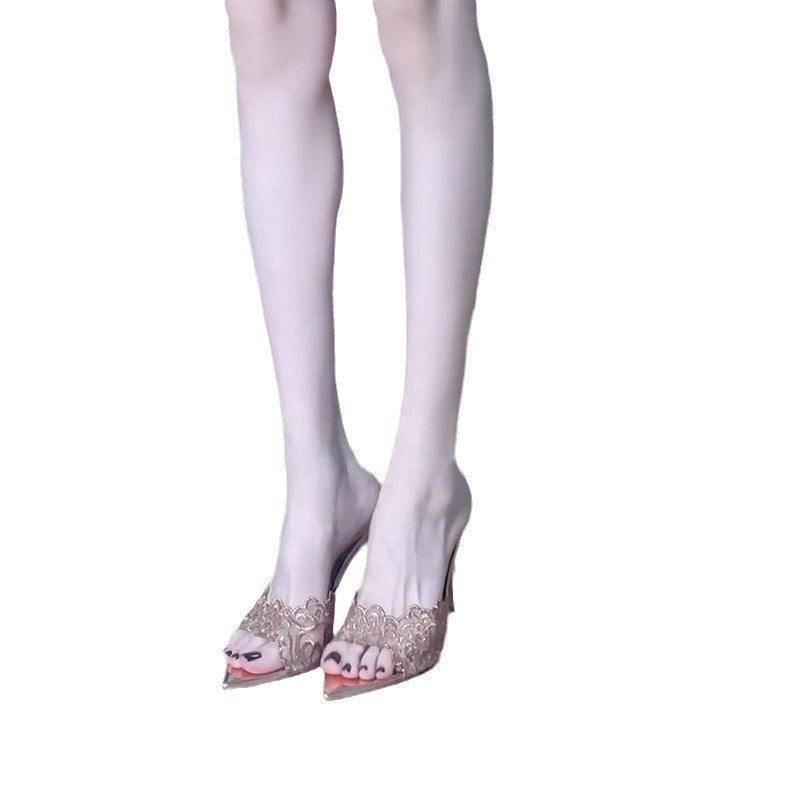 French champagne lace high heel mules - women's comfortable, versatile stiletto heel, chic & unique pointed toe thong sandals for summer