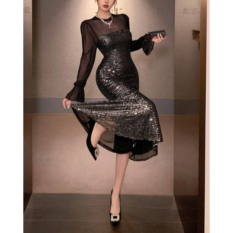 Women's autumn/winter fashionable and elegant sequin patchwork long sleeve mermaid midi dress - perfect for dates/work/everyday wear