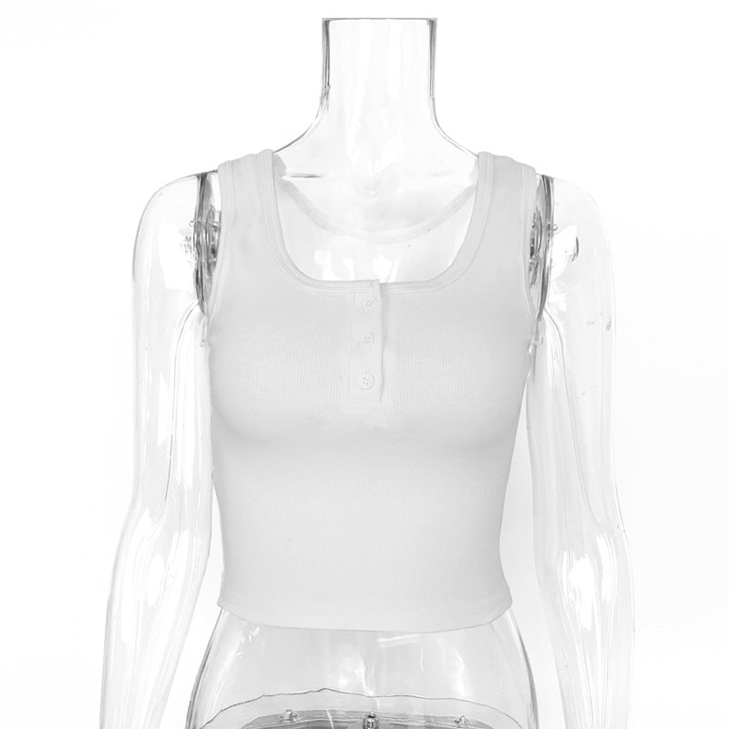 2025 autumn European and American new  women's clothing, sexy slim-fitting open-button pure cotton threaded button sling small vest