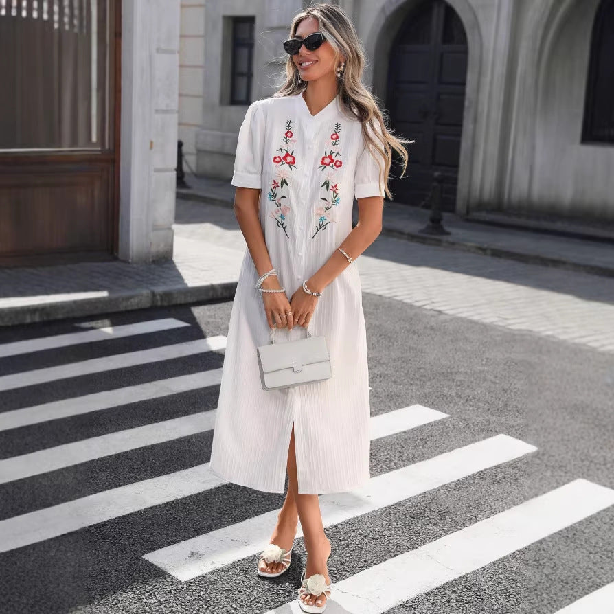 Amazon independent station exportsummernew arrival european and american clothing white cross-border short-sleeved embroidereddress