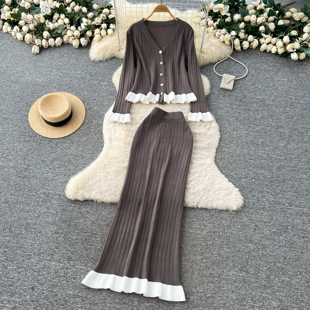 French chic two-piece set: women's fashionable color block v-neck long sleeve ribbed knit top with bodycon midi skirt