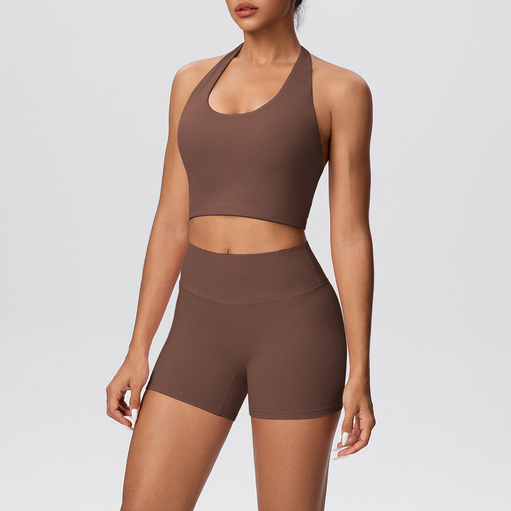 New arrival cross-border pure color double-sided brushed tight haltershorts yoga suit sports running fitness two-piece set