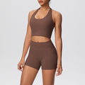 New arrival cross-border pure color double-sided brushed tight haltershorts yoga suit sports running fitness two-piece set
