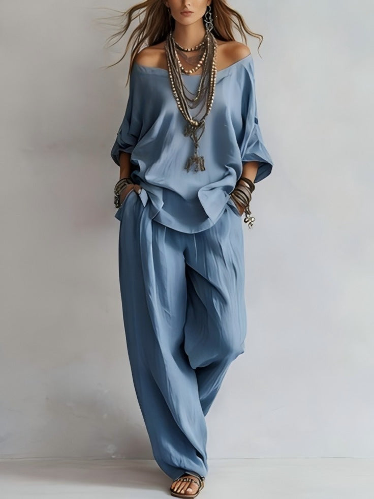 European and american cross-border  independent station summer new casual loose linen three-quarter sleeve top + wide-leg pants set