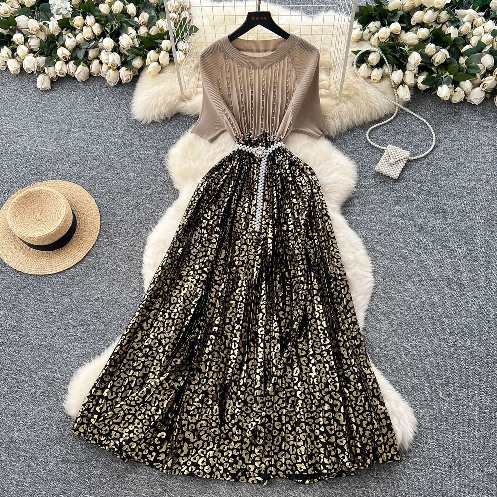 French heavy industry beading contrast colorpatchwork round neck short-sleeved dress women's waist elegantdrapedprinting over-the-knee long skirt