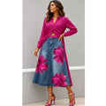 European and american new fashion printed denim skirt -  cross-border summer women's streetwear washed floral high-waisted midi skirt
