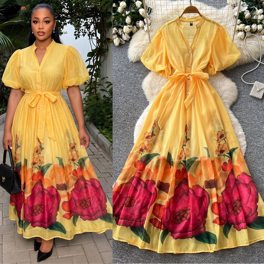 French riviera style v-neck puff sleeve floral print dress - women's summer midi dress with cinched waist and flared skirt