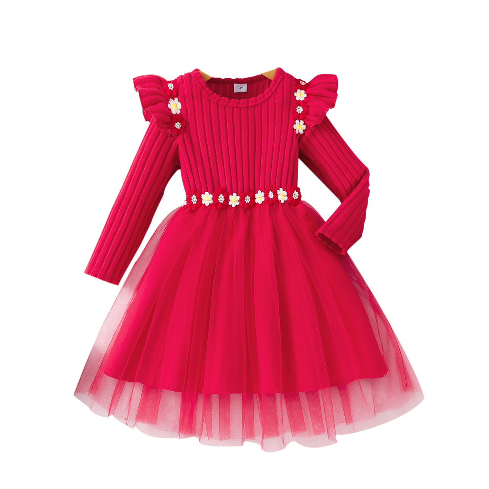 Girls' ribbed knit dress with mesh floral appliqué