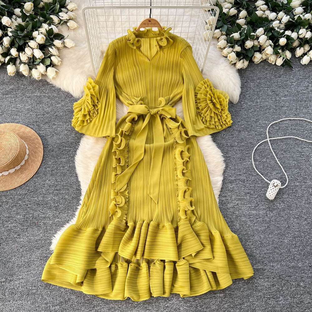 Miya european and american style dress - women's spring collection - high-end, 3d floral design, tie-waist, ruffle hem, pleated maxi dress
