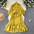 Miya european and american style dress - women's spring collection - high-end, 3d floral design, tie-waist, ruffle hem, pleated maxi dress