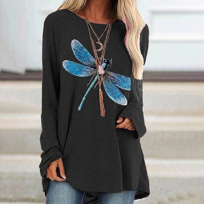 2025 amazon wish european and american new women's long-sleeve crew neck dragonfly print plus size t-shirt - casual and versatile