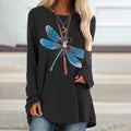 2025 amazon wish european and american new women's long-sleeve crew neck dragonfly print plus size t-shirt - casual and versatile