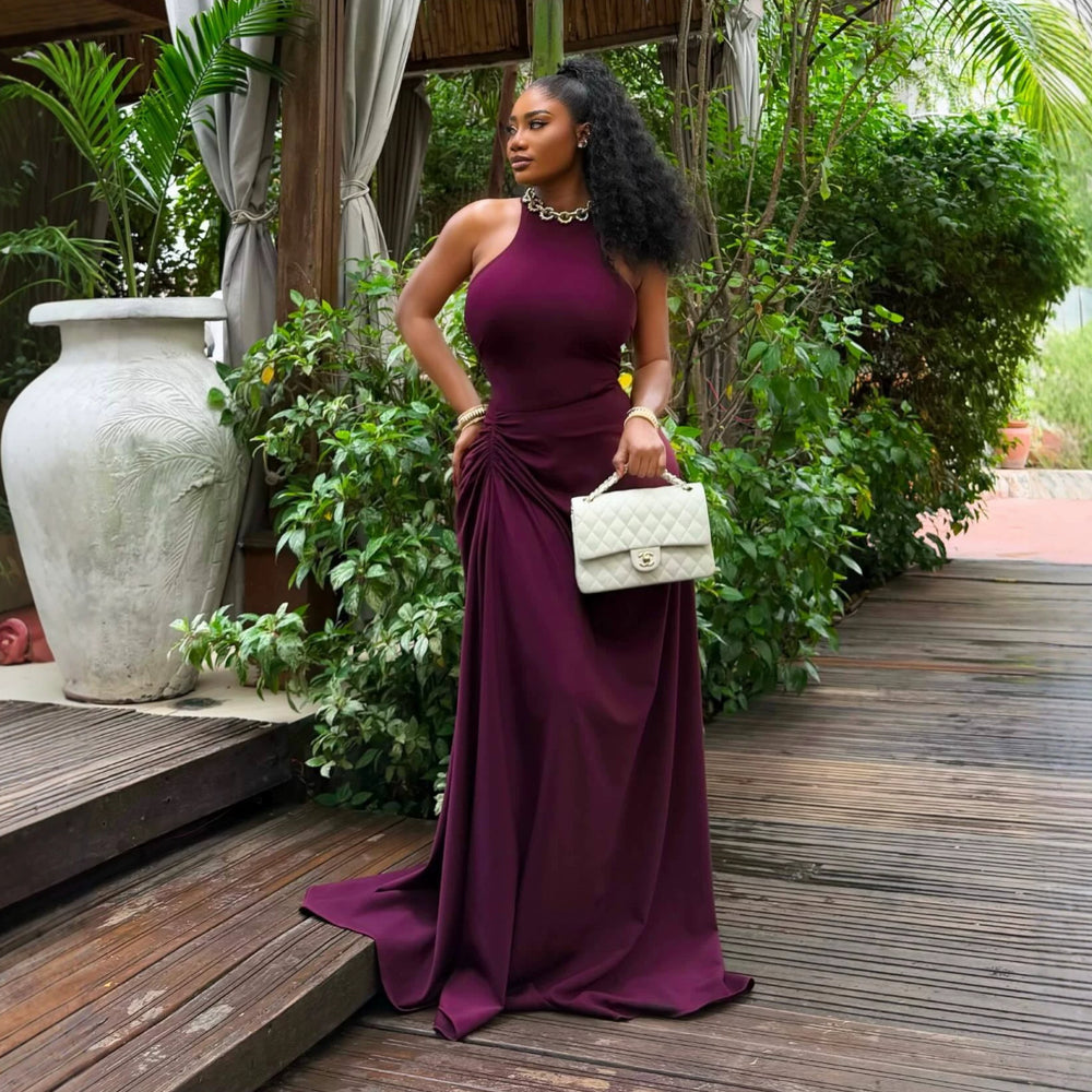 European and american cross-border women's fashion:  summer new arrival - sexy and elegant halter neck, slim-fit, ruched sleeveless maxi dress