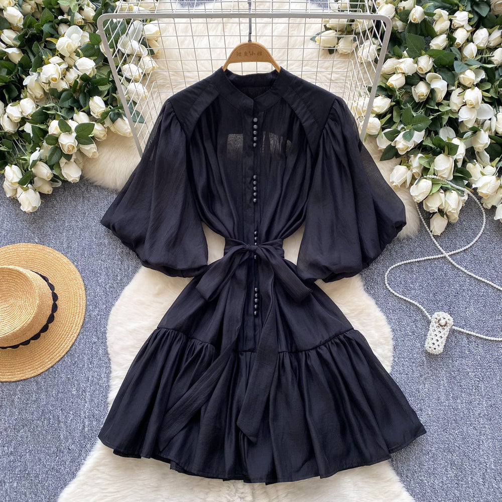 French retro bubble sleeve shirt dress with tie-waist and tulle detail – a unique and exquisite mid-length dress